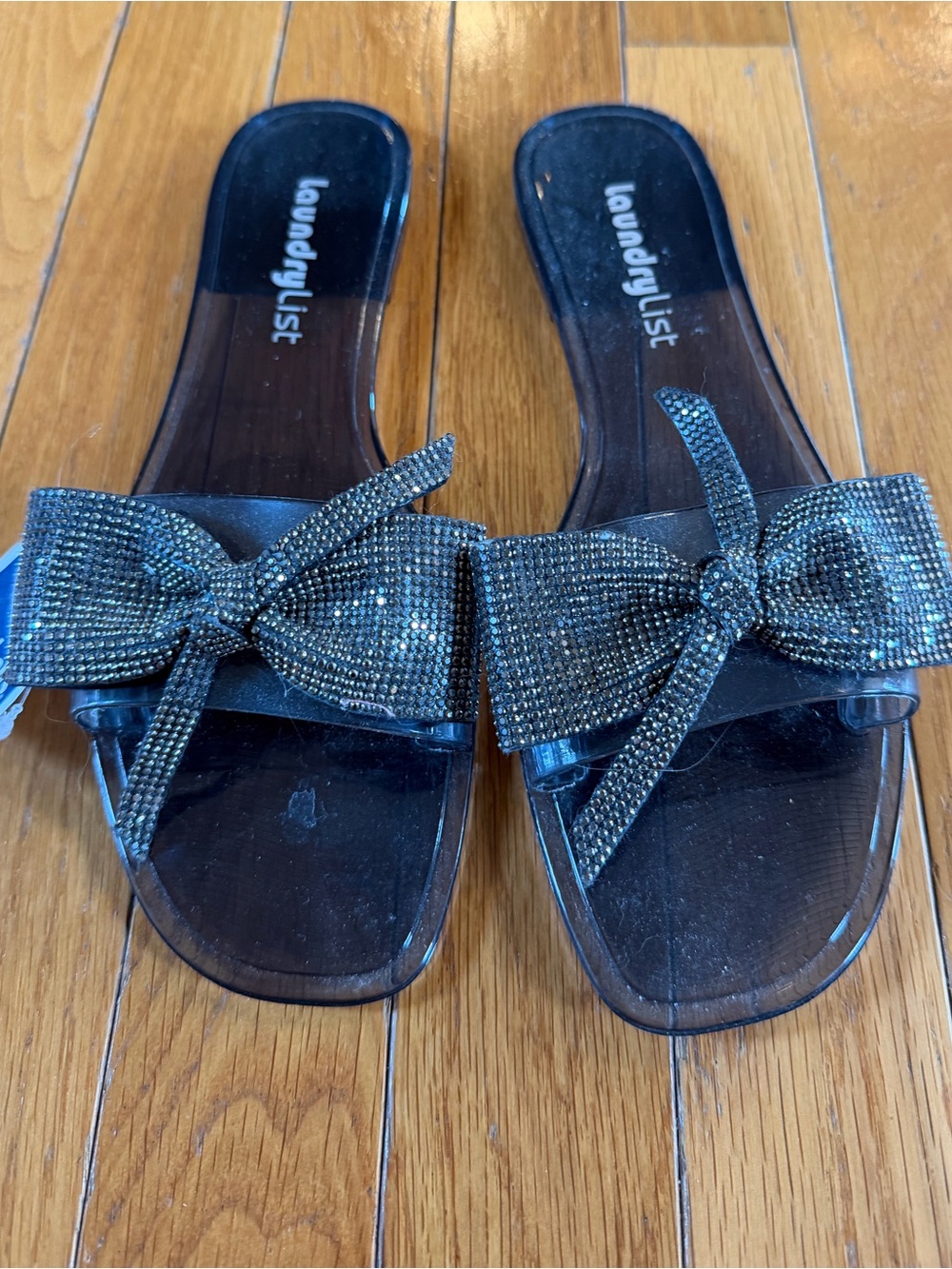 NEW Laundry List Flat Black Slide Sandals with Sparkle Bow Womens Sz 8.5